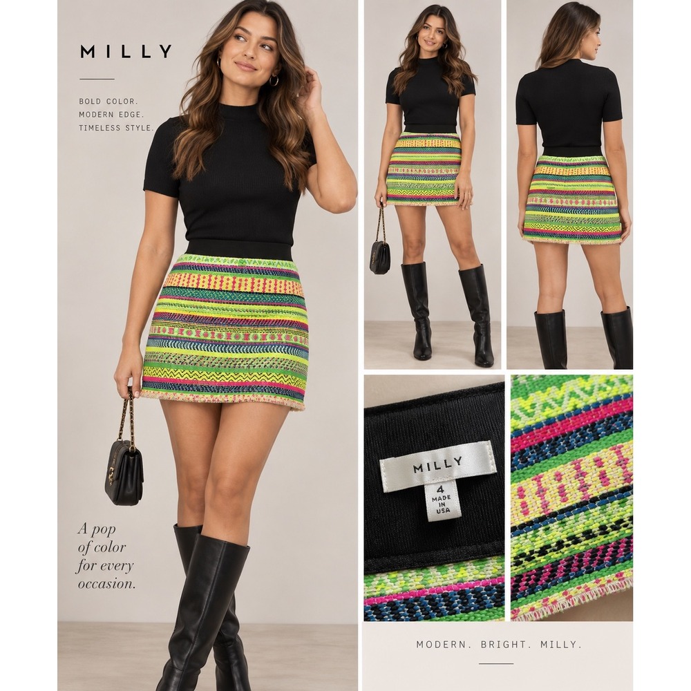 Milly Multi Color Geometric Jacquard Mini Skirt Neon Tweed Fringed Hem Size 4